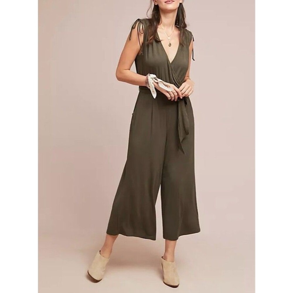 Anthropologie Olive Green Jumpsuit M Rayon Blend V-Neck Wide Leg - Belt Missing